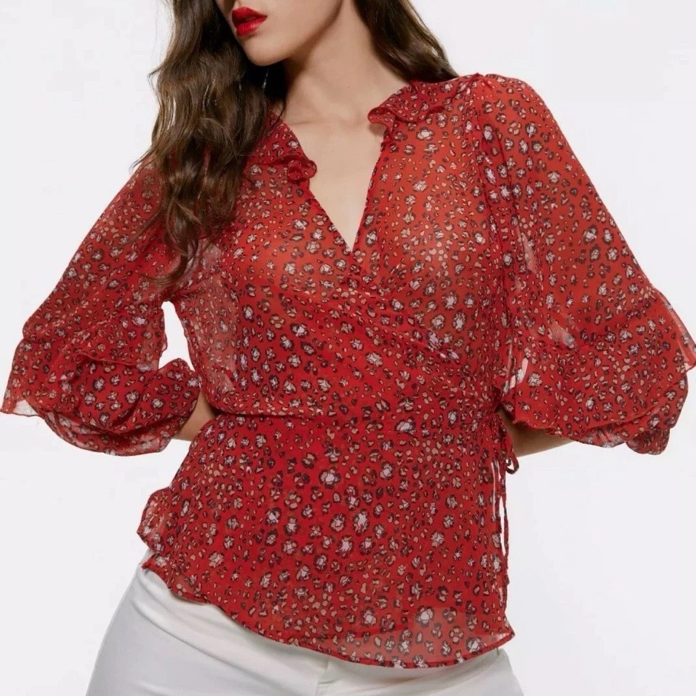 Zara Animal Print Sheer Red Wrap Blouse Size Medium with Ruffle Details